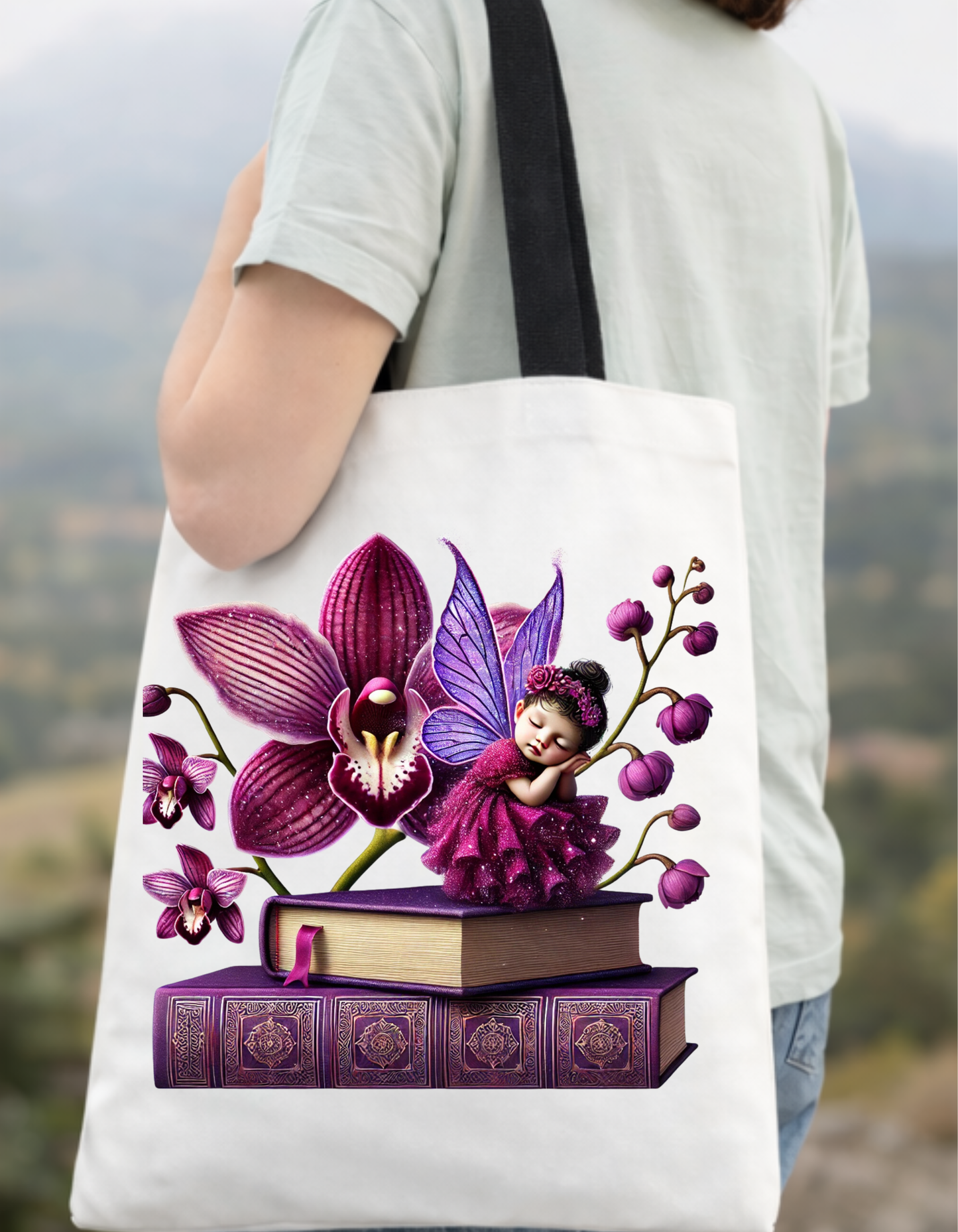 Geanta Tote Bag Alba 38x32 cm Zana cu Orhidee - Imprimare DTF