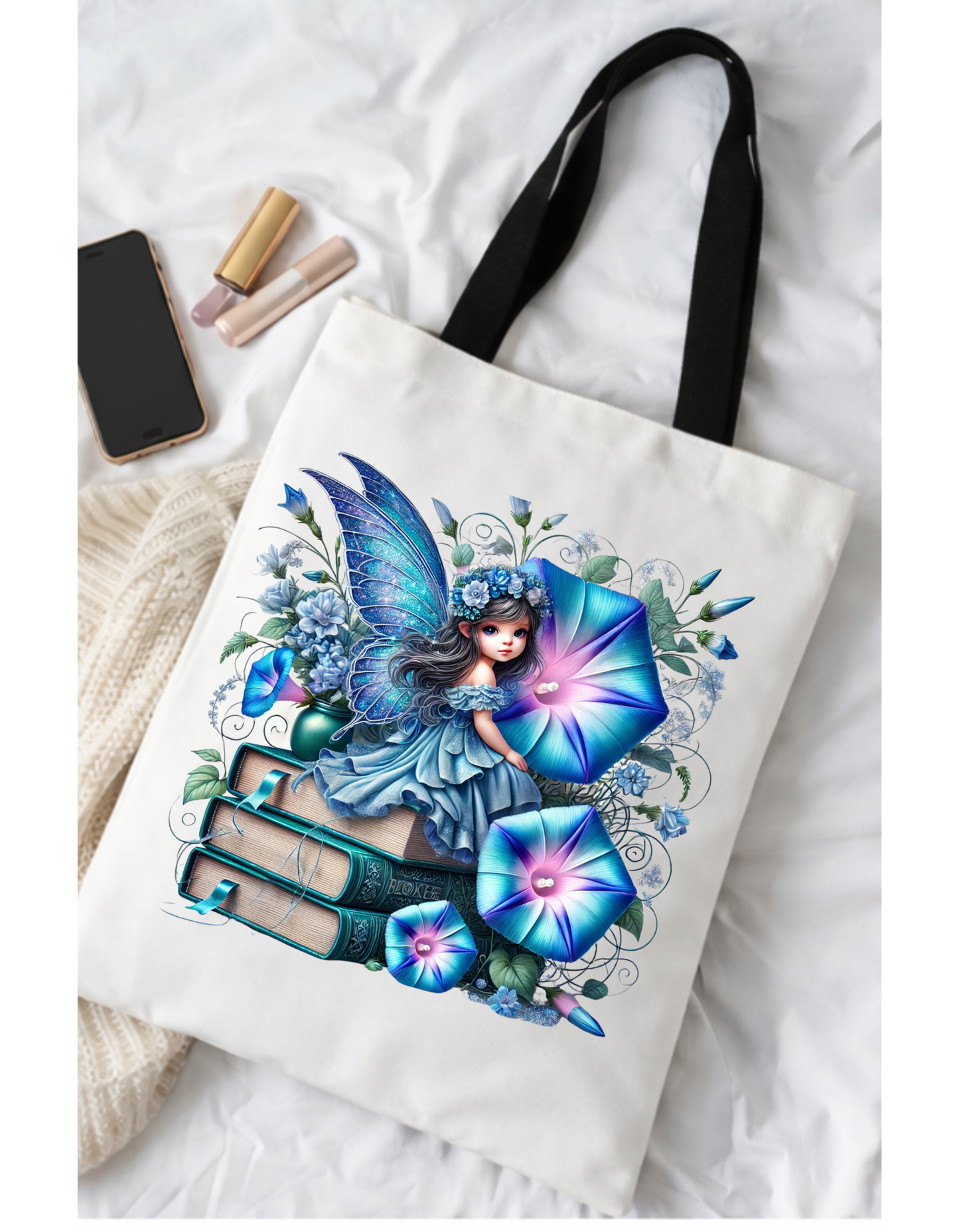 Geanta Tote Bag Alba 38x32 cm – Zana cu Flori Morning Glory Albastre