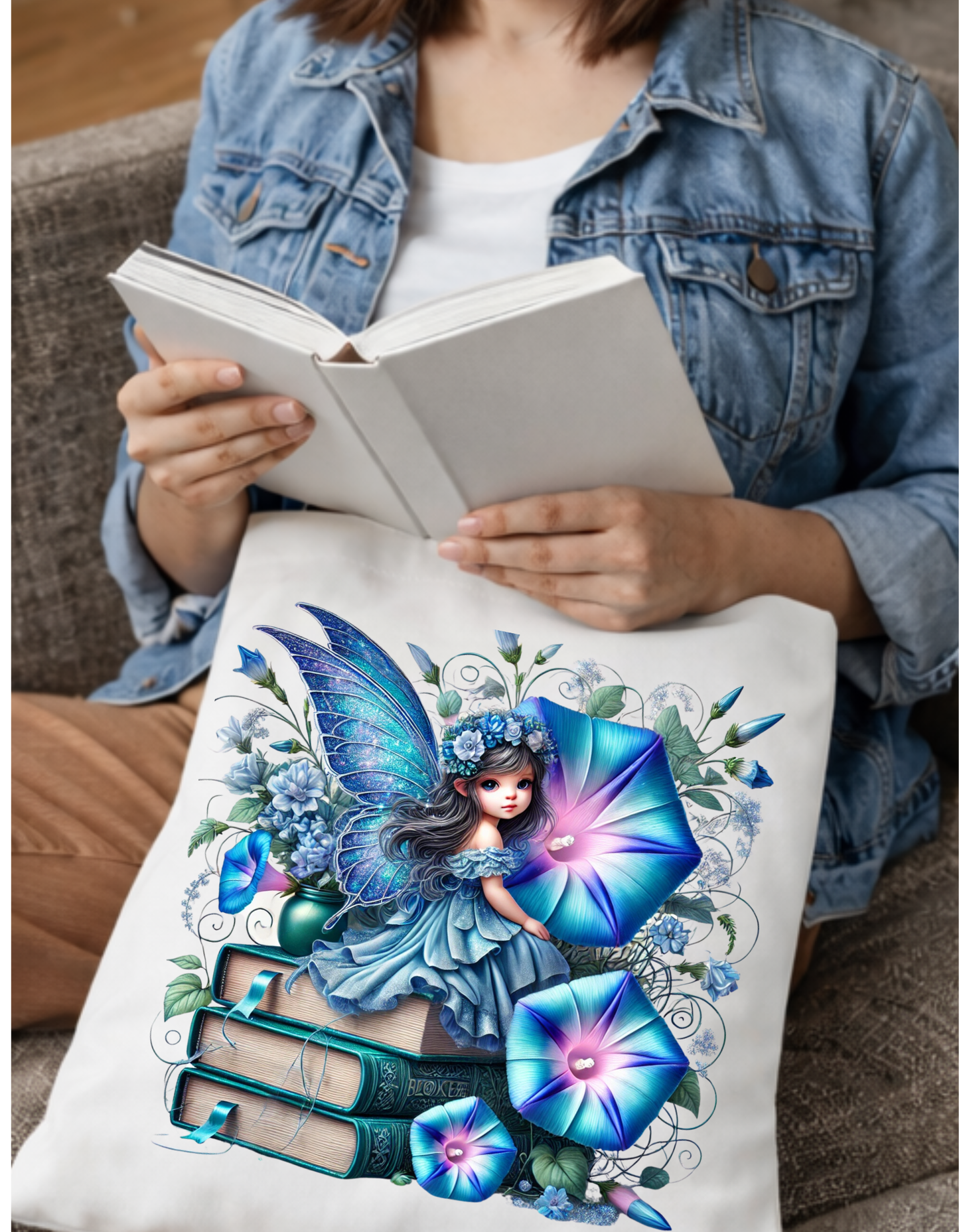 Geanta Tote Bag Alba 38x32 cm – Zana cu Flori Morning Glory Albastre