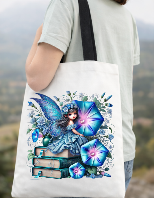 Geanta Tote Bag Alba 38x32 cm – Zana cu Flori Morning Glory Albastre